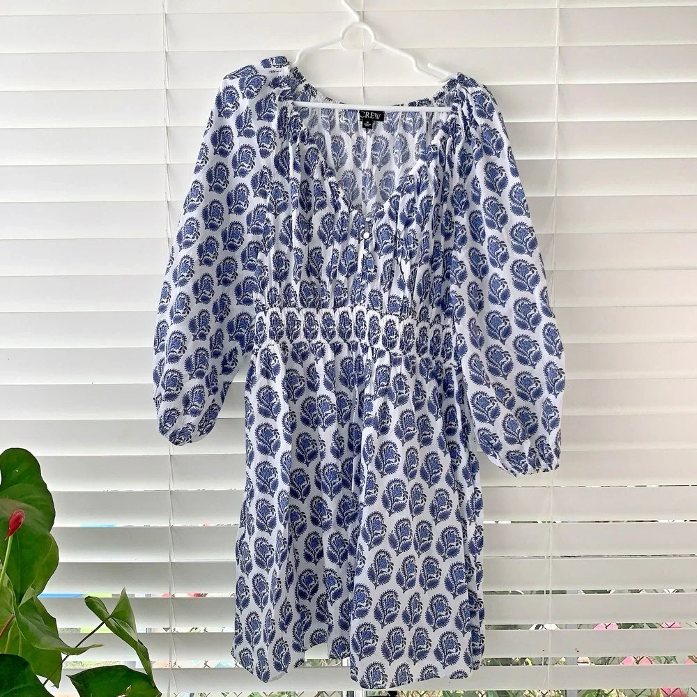 J Crew V Neck Mini Dress Medium Bouquet Block Print Blue White Lined - Picture 1 of 8
